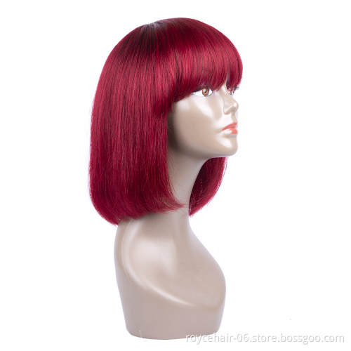 Brazilian human Hair 1b 99j  Ombre Burgundy Red Wine Human Hair Straight Short Bob Wigs with Neat Bangs